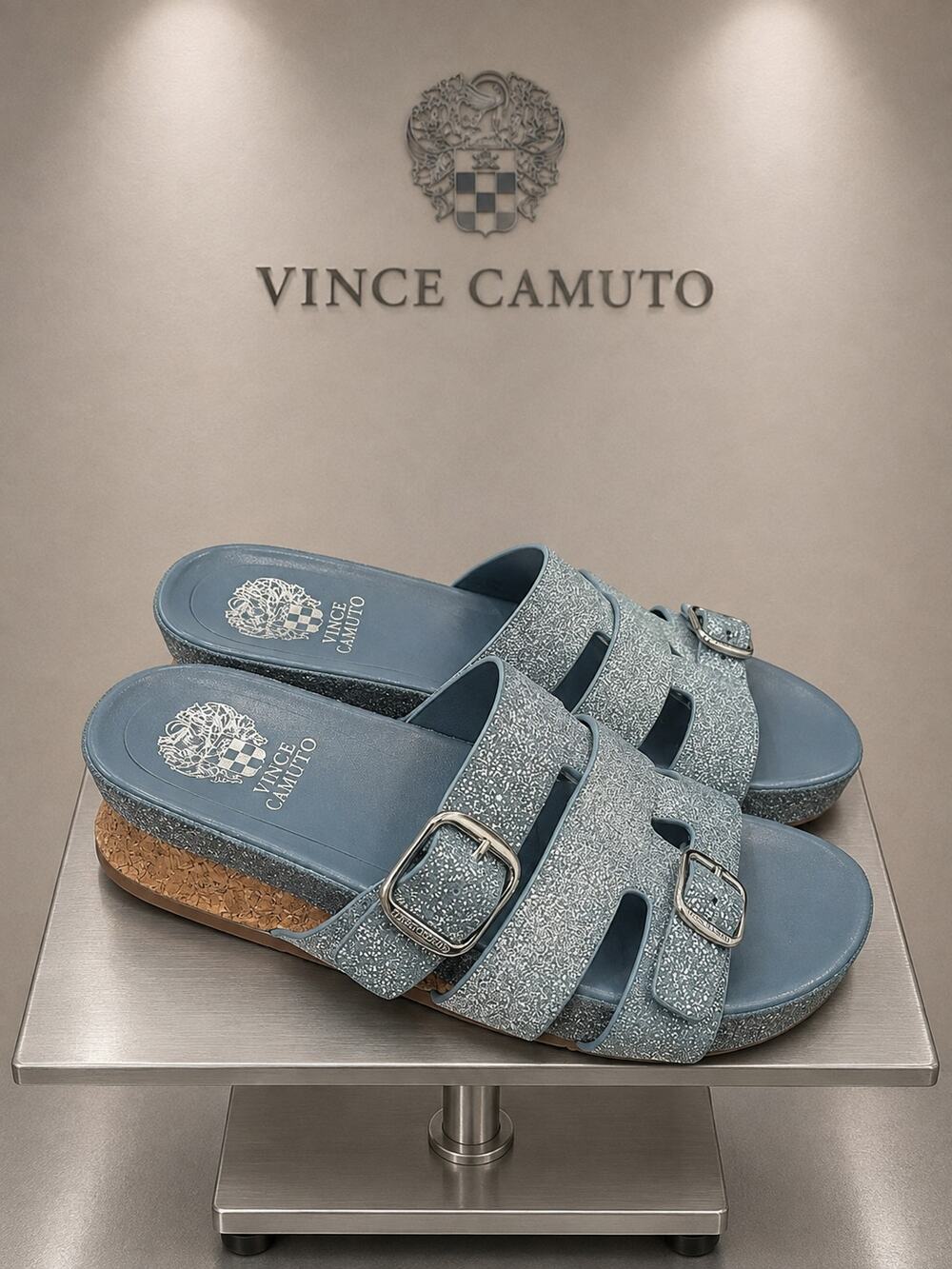 Vince Camuto Blue Metallic Glitter Double Buckle Cork Wedge Sandals 6.5M NWOB